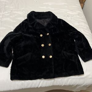VTG Faux Fur Coat Double Breasted Black Disco 70s Mod Goth Glam Witchy 20.5" pit